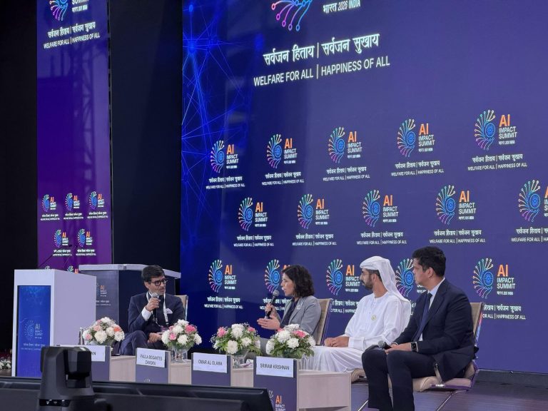 Omar Sultan Al Olama UAES Minister of State for Artificial Intelligence Digital Economy and Remote Work Applications at the AI Impact Summit New Delhi1