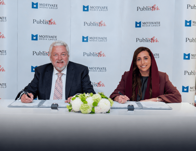 PublisHer, Motivate Media Group launch immersive programme for women Her Highness Bodour Al Qasimi, Founder of PublisHer, and Ian Fairservice, Managing Partner & Group Editor-in-Chief of Motivate Media Group signing the agreement.