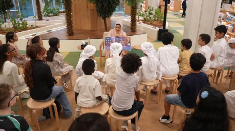 Her Highness Sheikha Shamma bint Sultan bin Khalifa Al Nayhan reads from her latest children’s book, WHOOSH! (Image still from Abu Dhabi Media Office Video)